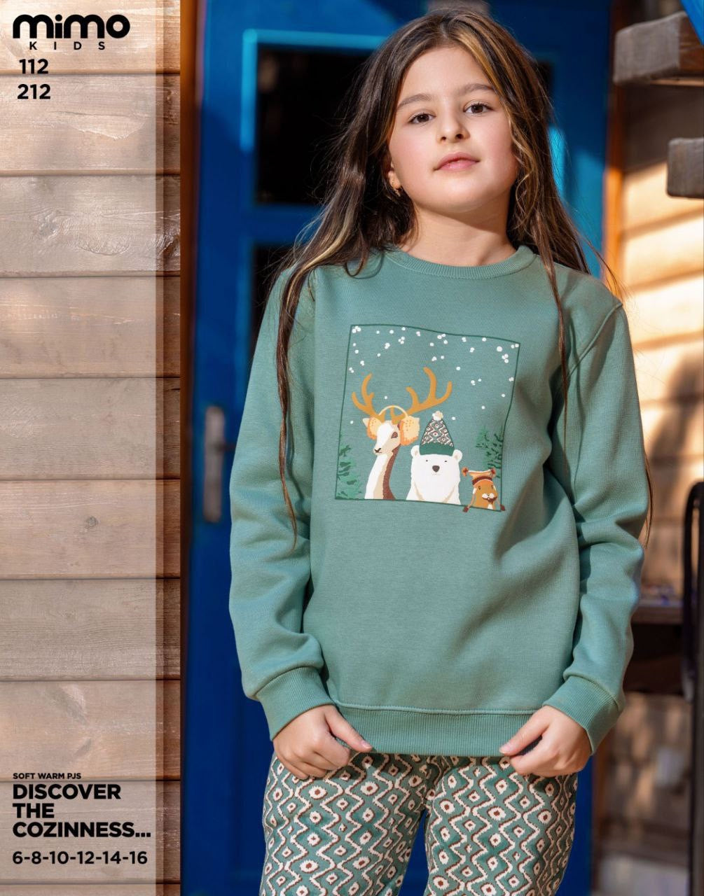 G.10 Warm Girls’ Pajama – Green Top & Patterned Pants