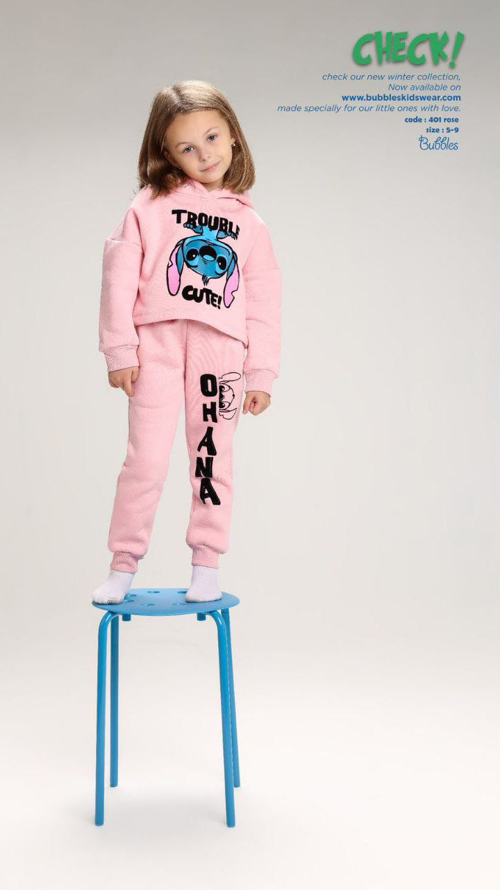 Girls’ Stitch Melton Cotton Winter Tracksuit – 2-Piece Crop Hoodie & Jogger Pants Set (Light Pink)