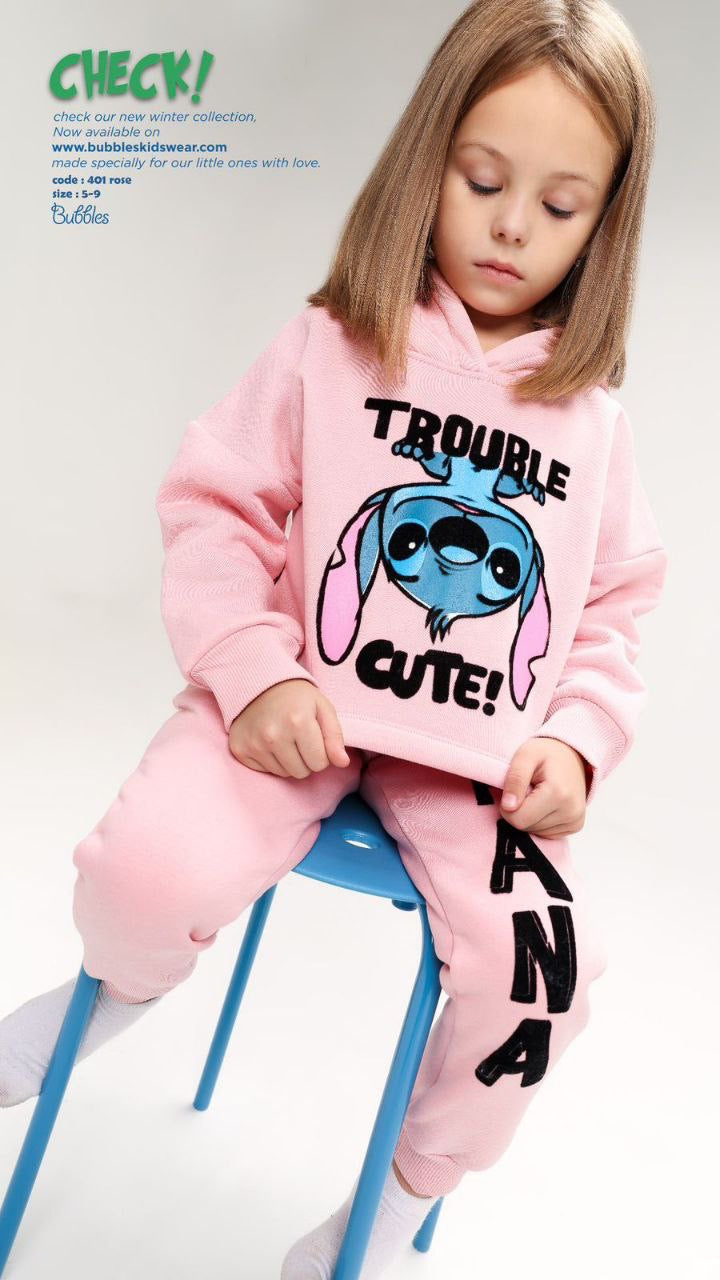 Girls’ Stitch Melton Cotton Winter Tracksuit – 2-Piece Crop Hoodie & Jogger Pants Set (Light Pink)